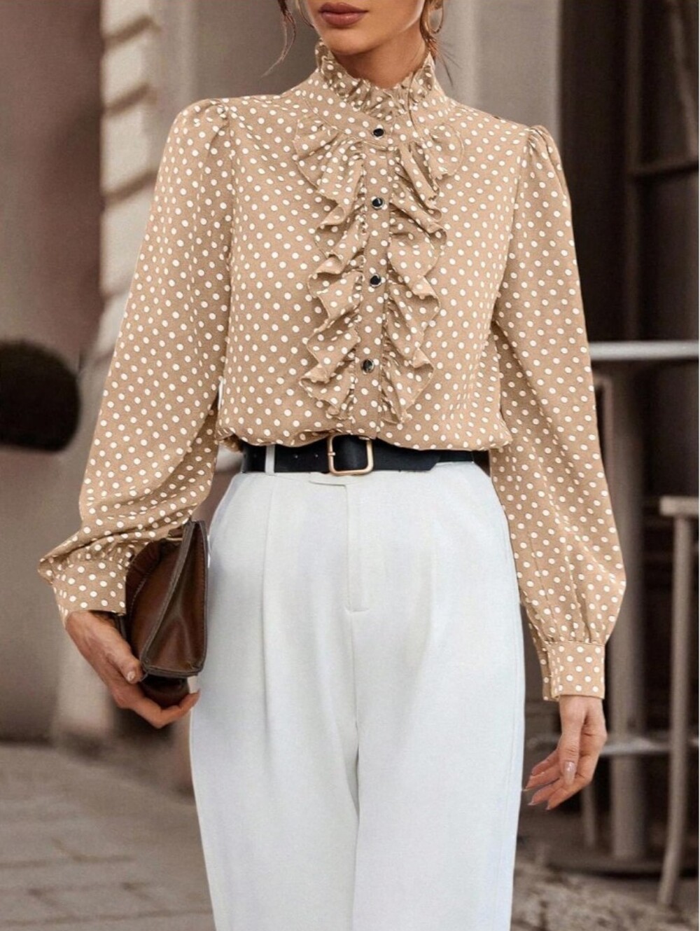 NWT Luxe Polka Dot Ruffle Trim Mock Neck Blouse Shirt Nude White Large